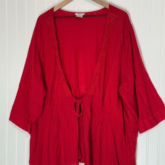 Ellos Red Boho Tie Front Tunic Top Plus Size 30W Cotton Gauze Blouse Flowy - Picture 2 of 5